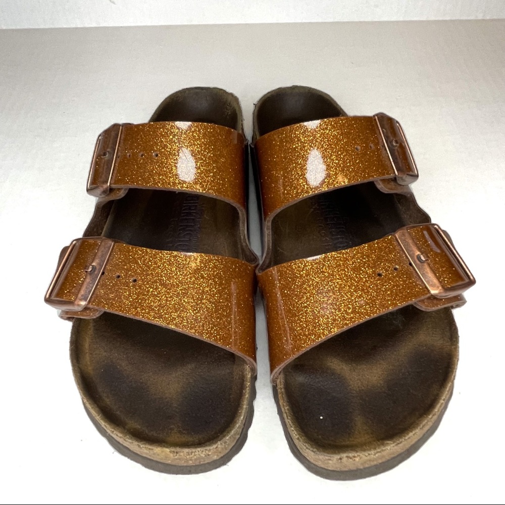 Orange Glitter Soft Footbed Birkenstocks sz38